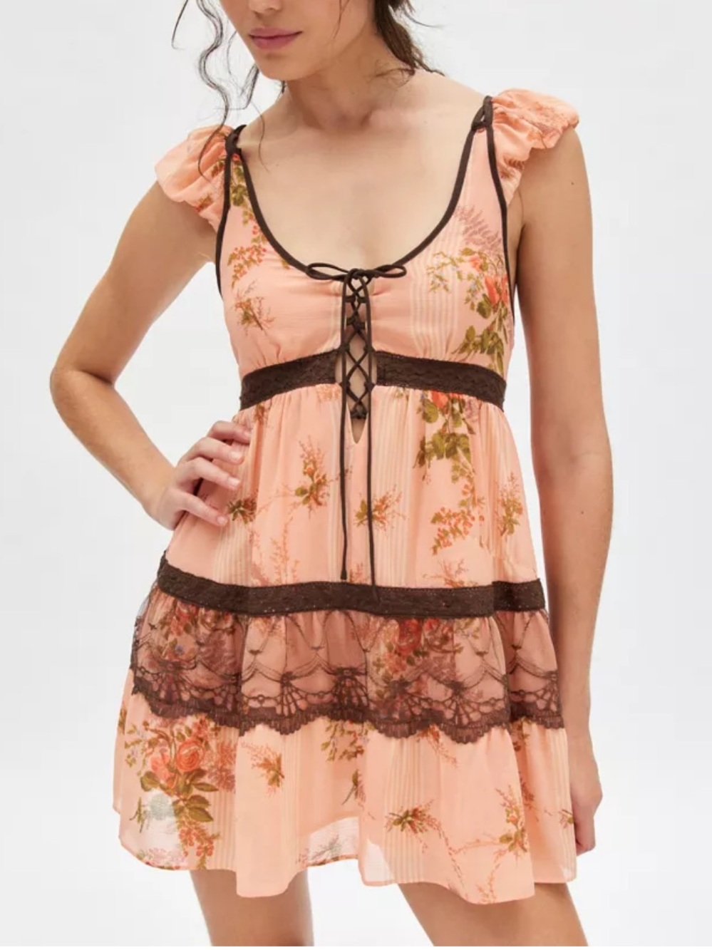 Urban Outfitters Kimchi Blue Emma Peach Floral Lace-Up Mini Dress